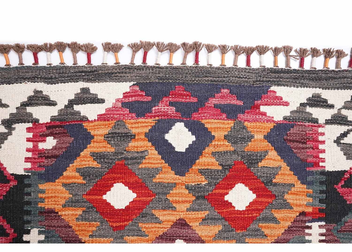 Geometric Handwoven Wool Kilim Runner 6x2.6 ft Dark Multi-Color - Rugs Turkey