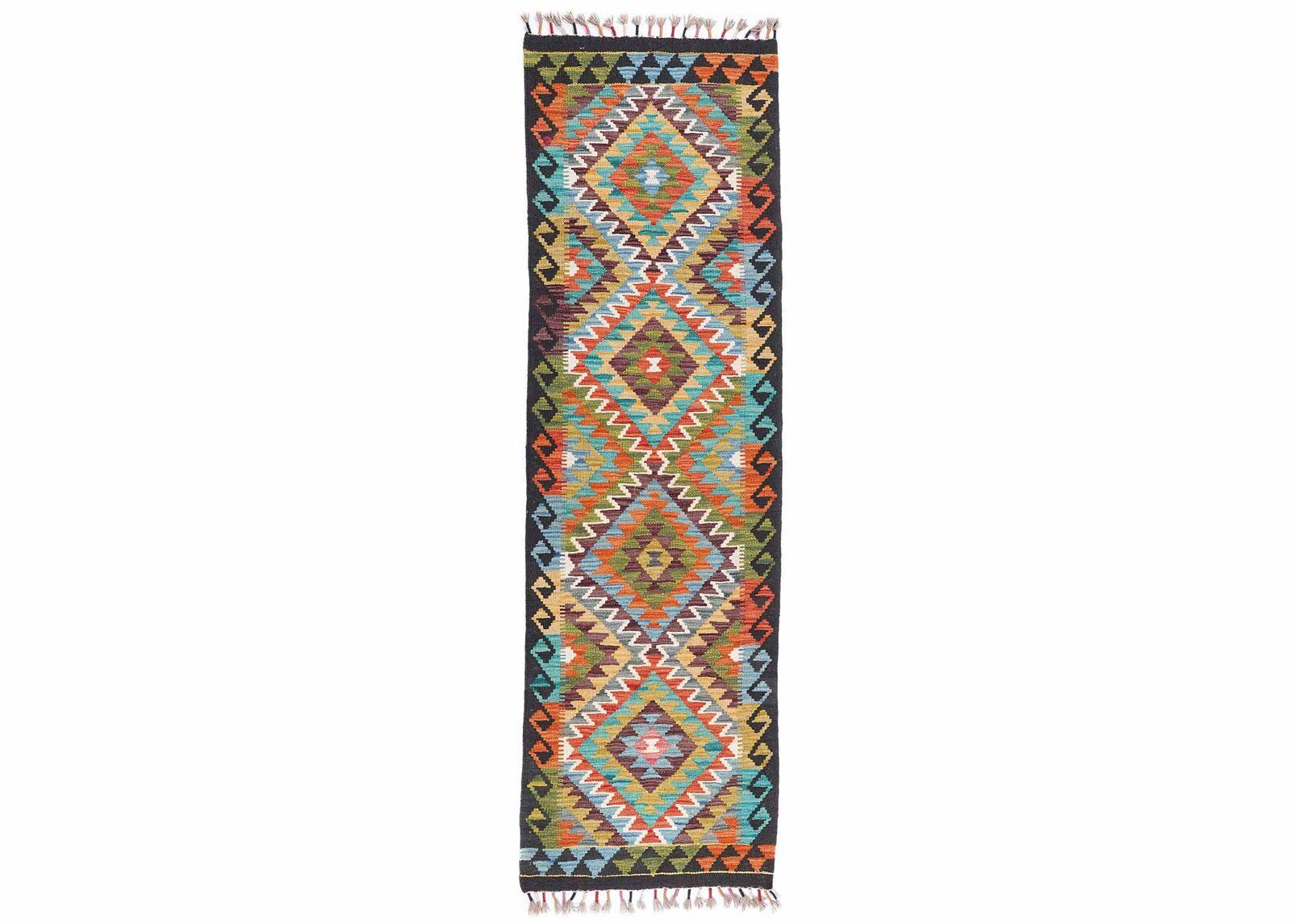 Handwoven Kilim Black & Orange Multicolor Runner Rug – 6.7x2 ft - Rugs Turkey
