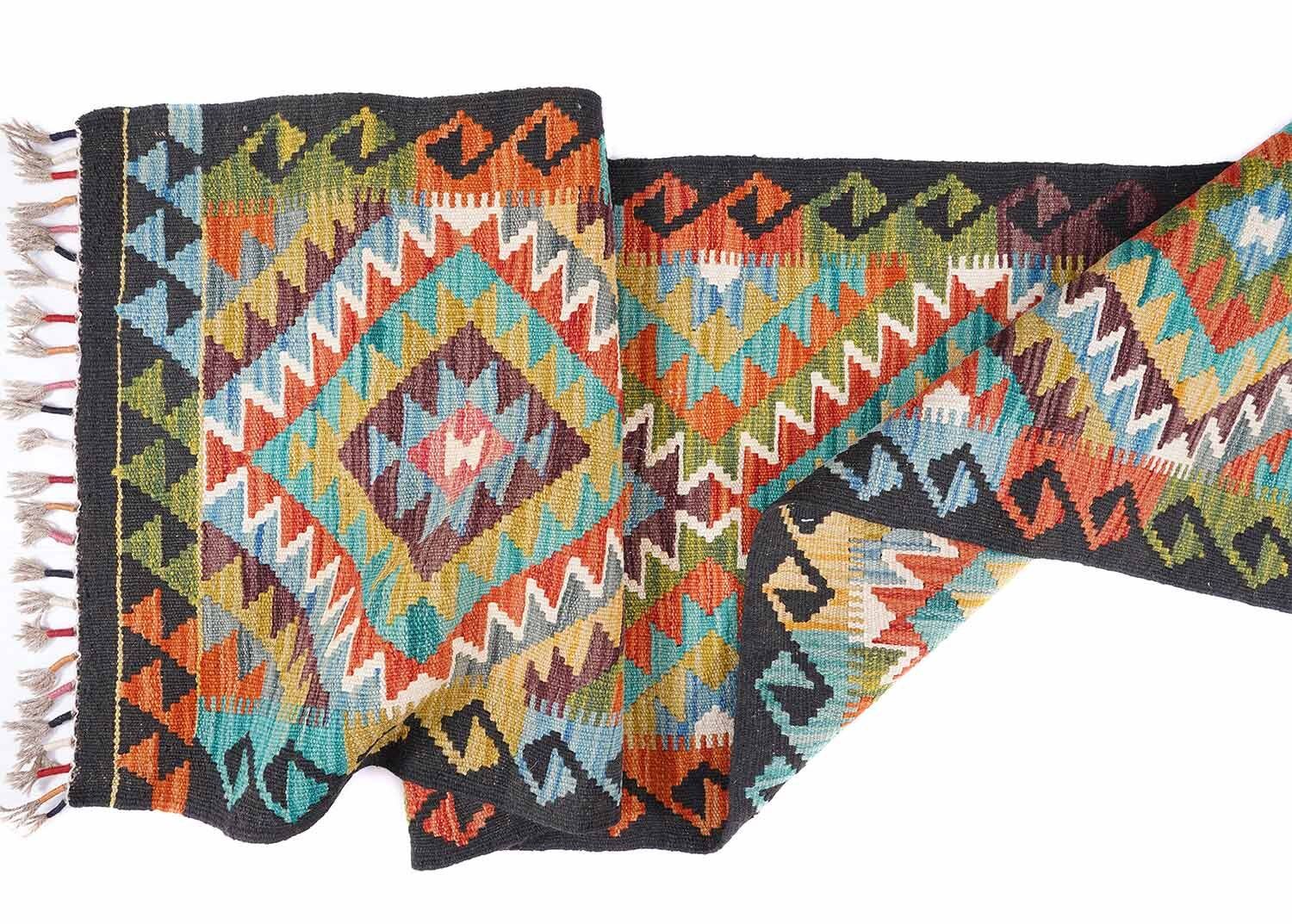 Handwoven Kilim Black & Orange Multicolor Runner Rug – 6.7x2 ft - Rugs Turkey