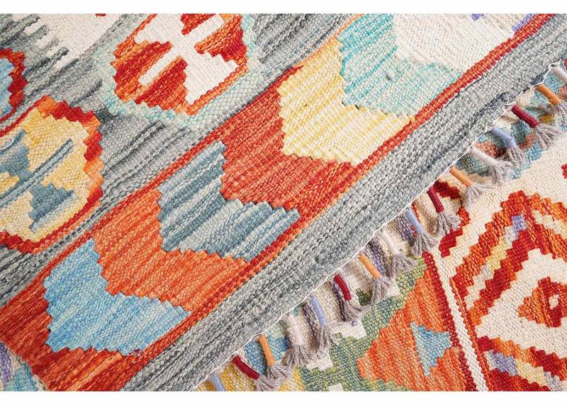 Flatweave Wool Area Rug 9.6x6.6 ft Multicolor Geometric Kilim - Rugs Turkey