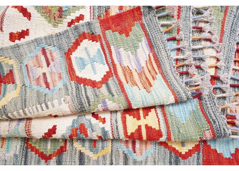 Flatweave Wool Area Rug 9.6x6.6 ft Multicolor Geometric Kilim - Rugs Turkey