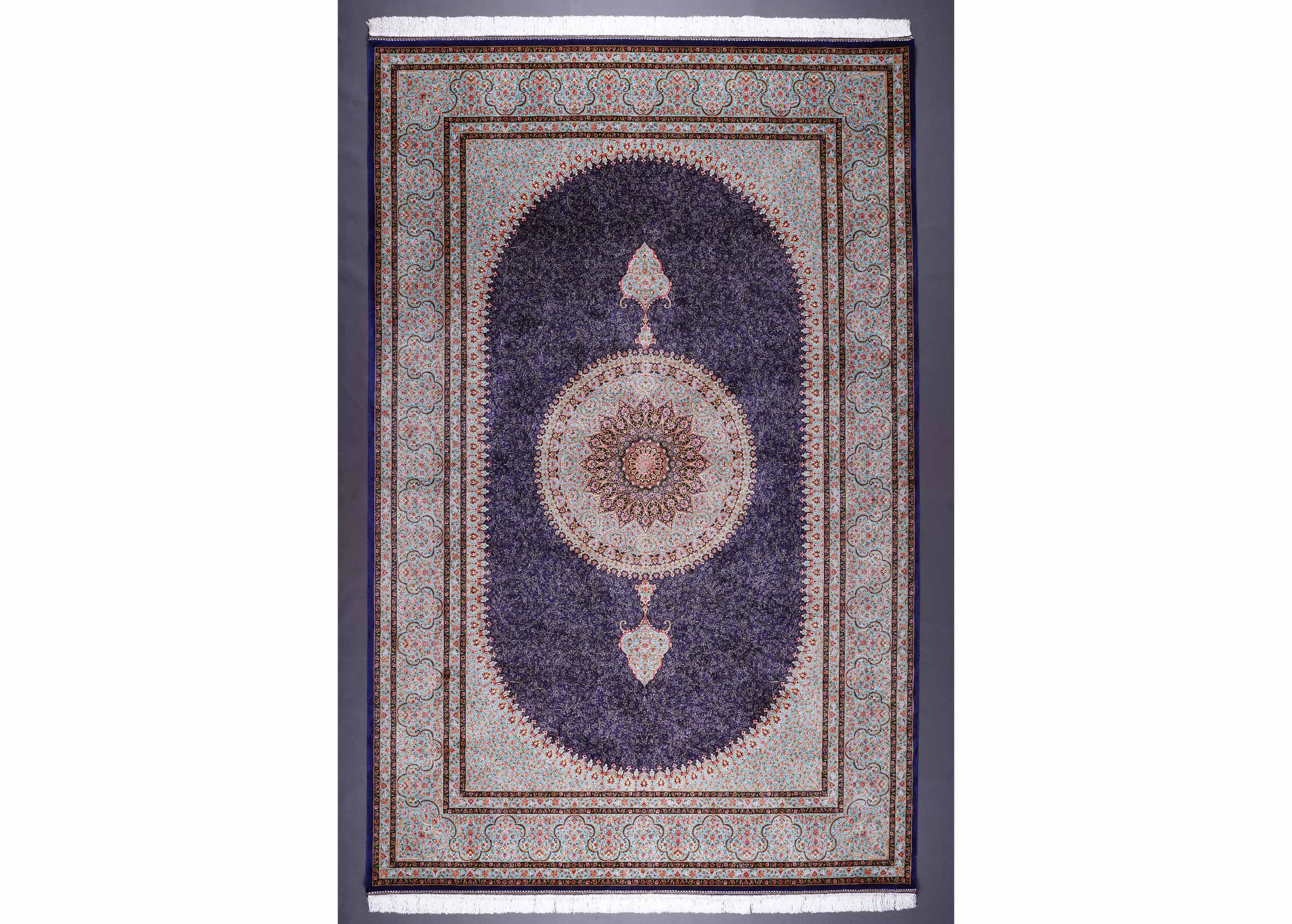Tugra Bamboo-Silk Blue Orange Area Rug 6.5x9.8 ft Machine Made - Rugs Turkey