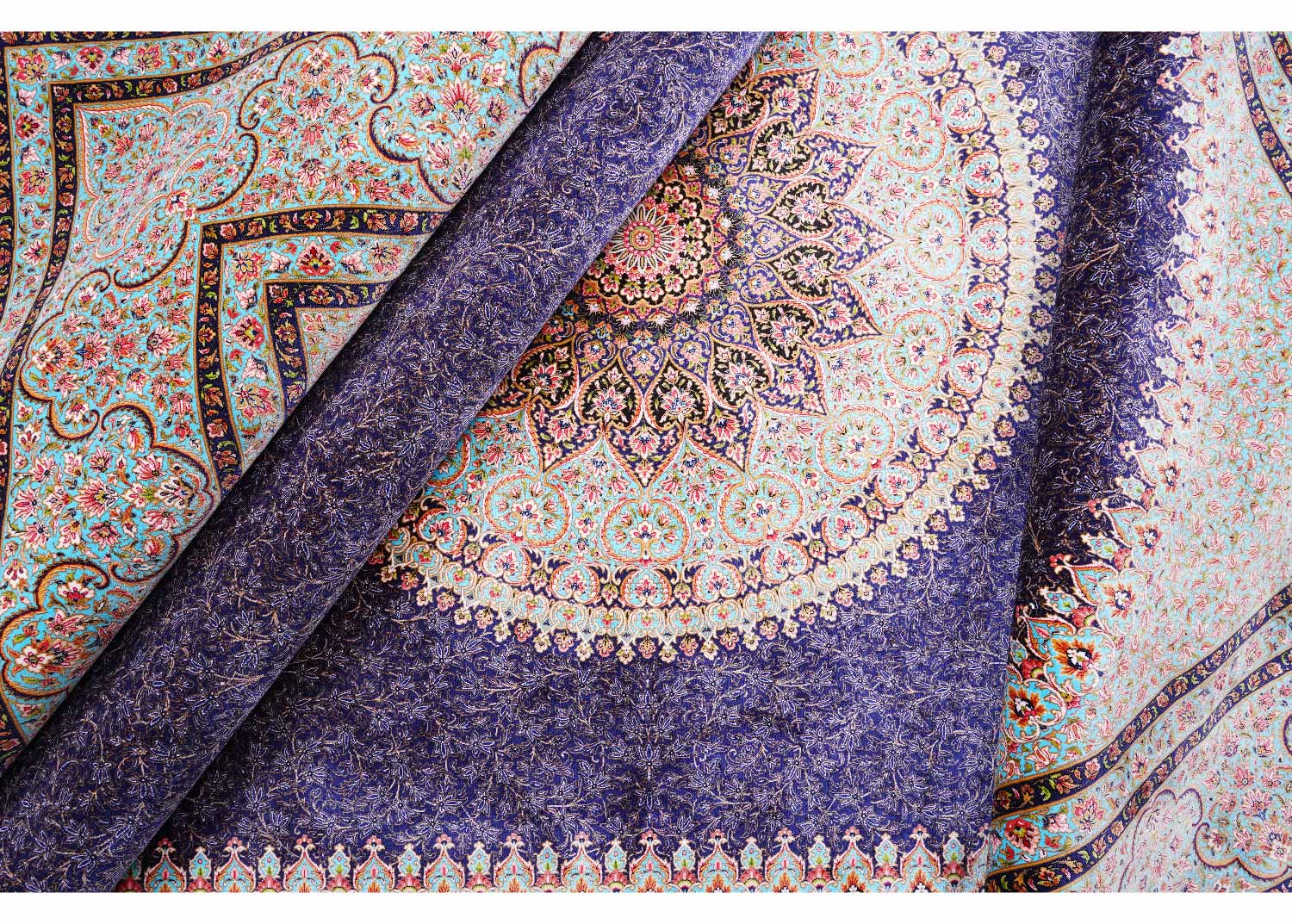 Tugra Bamboo-Silk Blue Orange Area Rug 6.5x9.8 ft Machine Made - Rugs Turkey