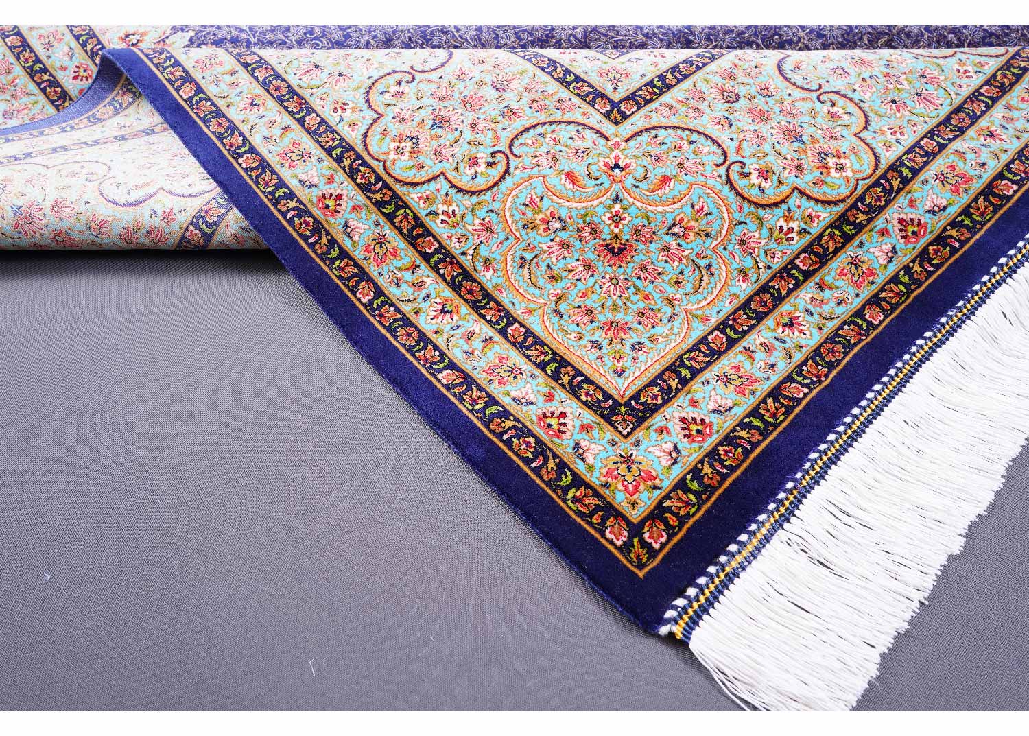 Tugra Bamboo-Silk Blue Orange Area Rug 6.5x9.8 ft Machine Made - Rugs Turkey